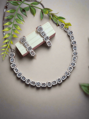 Black Rose Gold Plated American Diamond Necklace Sets With White Stone - Garimas