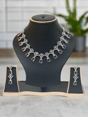 Silver Plated American Diamond Necklace Sets With Aqua Pink Stone |  Garimas