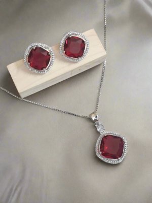 Rhodium-Plated Ruby & CZ Studded Pendant Necklace Set |  Garimas