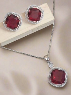 Rhodium-Plated Ruby & CZ Studded Pendant Necklace Set | Garimas Lifestyle